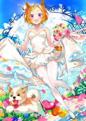Rule 34 | 1girl, animal, animal ears, bare shoulders, blue sky, blush, bouquet, breasts, clothes lift, collarbone, day, dog, dress, dress lift, flower, hair flower, hair ornament, highres, holding, holding bouquet, horse ears, horse girl, lifting own clothes, looking at viewer, medium breasts, open mouth, orange hair, petals, pink flower, pink rose, purple eyes, purple flower, purple rose, quatraise, red flower, red rose, rose, rose petals, short hair, skirt basket, skirt hold, sky, smile, strapless, strapless dress, t.m. opera o (umamusume), tail, thighhighs, tiara, umamusume, wedding dress, white dress, white thighhighs