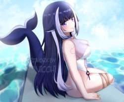 Rule 34 | 1girl, absurdres, animal ears, arm tattoo, bell, belt collar, black hair, blue collar, blue sky, blush, breasts, cetacean tail, chest tattoo, cleavage, cloud, collar, commentary, english commentary, facial tattoo, fins, fish tail, highres, indie virtual youtuber, jingle bell, large breasts, long hair, looking at viewer, looking back, multicolored hair, one-piece swimsuit, orca girl, purple eyes, see-through, see-through cleavage, see-through swimsuit, shylily, shylily (3rd costume), sideboob, sky, streaked hair, surfboard, swimsuit, tail, tattoo, thigh strap, virtual youtuber, water, white hair, white one-piece swimsuit, yonicchin