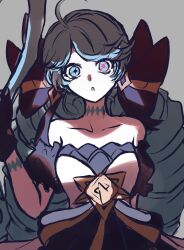 Rule 34 | 1girl, :o, ahoge, bare shoulders, black bow, black gloves, bow, breasts, collarbone, cowboy shot, drill hair, gloves, green eyes, gwen (league of legends), hair bow, hand up, highres, holding, holding scissors, league of legends, medium breasts, scissors, soda (sodaa 811), solo, twin drills, twintails