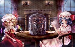 Rule 34 | 2girls, ascot, bat wings, blonde hair, blue hair, blush, bow, cage, candle, chair, chupacabra, crystal, cup, curtains, eye contact, fang, fireplace, flandre scarlet, frilled skirt, frilled sleeves, frills, hat, hat ribbon, highres, indoors, kotatsu (kotatu04), looking at another, medium hair, mob cap, multiple girls, nail polish, puffy short sleeves, puffy sleeves, red bow, red eyes, red nails, red ribbon, red skirt, remilia scarlet, ribbon, saucer, scrunchie, shirt, short sleeves, sitting, skirt, smile, table, tea, teacup, tile floor, tiles, touhou, white shirt, white skirt, window, wings, wrist scrunchie, yellow ascot