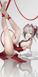 Rule 34 | 1girl, absurdres, arknights, barefoot, blush, breasts, commentary request, demon girl, demon horns, demon tail, double bun, dress, feet, grey background, grey hair, hair bun, highres, horns, jacket, legs, legs up, medium breasts, open clothes, open jacket, open mouth, panties, red dress, red panties, reflection, shenqi xiao hong zai nali, sideboob, simple background, sleeveless, sleeveless dress, solo, tail, toenails, toes, underwear, w (arknights), white jacket, yellow eyes