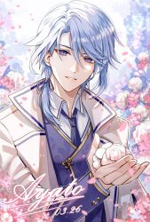 Rule 34 | 1boy, aguaaaaa4, blue flower, blue hair, blue necktie, bow, buttons, character name, cherry blossoms, collared jacket, collared shirt, dated, fingernails, flower, genshin impact, hair between eyes, hair bow, hands up, highres, holding, holding flower, jacket, kamisato ayato, long sleeves, looking at viewer, male focus, medium hair, mole, mole under mouth, nail polish, necktie, open clothes, open jacket, outdoors, own hands together, petals, pink flower, pink nails, purple bow, purple eyes, purple vest, shirt, sky, smile, solo, sparkle, standing, teeth, vest, white flower, white jacket, white shirt, white sky, wing collar