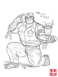 Rule 34 | 1boy, bara, beard, belt, bunta ru, commentary request, facial hair, forked eyebrows, full body, glasses, greyscale, hat, highres, holding, holding tray, kneeling, large pectorals, long sideburns, male focus, mature male, monochrome, muscular, muscular male, parfait, pectorals, police, police hat, police uniform, policeman, salute, short hair, sideburns, signature, simple background, sketch, solo, tajikarao (housamo), thick eyebrows, thick thighs, thighs, tokyo houkago summoners, translation request, tray, tusks, uniform, white background