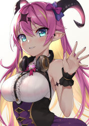 Rule 34 | 1girl, absurdres, asymmetrical horns, bare shoulders, blonde hair, blush, bow, breasts, colored inner hair, curled horns, demon horns, green eyes, hair between eyes, hair ornament, headphones, headphones around neck, highres, hololive, horn bow, horn ornament, horns, large breasts, lo xueming, long hair, looking at viewer, mano aloe, multicolored hair, nail polish, parted lips, pink hair, pointy ears, simple background, sleeveless, smile, solo, tears, two-tone hair, uneven horns, upper body, virtual youtuber, white background