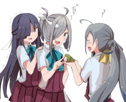 Rule 34 | 10s, 3girls, ahoge, asashimo (kancolle), black hair, blue bow, blue hair, blue neckwear, bow, bowtie, brown eyes, commentary request, dress, closed eyes, frog, green eyes, grey hair, hair over one eye, hand on another&#039;s shoulder, hayashimo (kancolle), headband, hime cut, index finger raised, kantai collection, kiyoshimo (kancolle), long hair, low twintails, multicolored hair, multiple girls, open mouth, purple hair, riz (ravel dc), scared, school uniform, sharp teeth, shirt, short sleeves, sleeveless, sleeveless dress, sweatdrop, teeth, translation request, trembling, twintails, very long hair, white background, white shirt