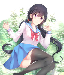 Rule 34 | 1girl, absurdres, black hair, black thighhighs, blue sailor collar, blue skirt, blush, bow, bowtie, closed mouth, hair ornament, highres, long hair, long sleeves, lying, miniskirt, okamired, on side, original, pleated skirt, purple eyes, red bow, red bowtie, sailor collar, school uniform, serafuku, shiny clothes, shiny legwear, skirt, smile, solo, thighhighs, twintails, very long hair, white background, white sailor collar, zettai ryouiki