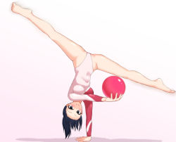 Rule 34 | 1girl, arm up, athletic leotard, balancing, bare legs, barefoot, black hair, blush, breasts, closed mouth, covered navel, full body, grey eyes, gymnastics, handstand, highleg, highleg leotard, leotard, long sleeves, looking at viewer, medium breasts, ocha (greentea-time), one arm handstand, original, outstretched arm, pink background, plantar flexion, ponytail, rhythmic gymnastics, short hair, simple background, skin tight, solo, split, spread legs