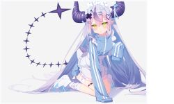 Rule 34 | 1girl, absurdres, ahoge, alternate costume, apron, arm support, back bow, bandaged leg, bandages, bandaid, bandaid hair ornament, bow, braid, braided bangs, commentary, demon girl, demon horns, double-parted bangs, enmaided, frilled apron, frills, grey hair, hair ornament, hairclip, heart, heart hair ornament, highres, hololive, horns, huge horns, jacket, jersey maid, kamaboko (kmm15a), la+ darknesss, long hair, looking at viewer, maid, maid headdress, multicolored hair, no pants, pointy ears, purple hair, purple horns, shoes, sleeves past fingers, sleeves past wrists, sneakers, socks, solo, streaked hair, striped horns, tail, track jacket, unconventional maid, underbust, very long hair, virtual youtuber, waist apron, white apron, white socks, x hair ornament, yellow eyes