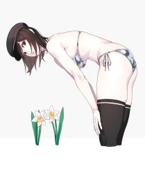 Rule 34 | 1girl, akitsu maru (kancolle), alternate costume, ass, bare shoulders, bent over, bikini, black thighhighs, blush, breasts, brown eyes, brown hair, commentary request, cropped legs, daffodil, flower, from side, gloves, grey background, halterneck, hands on own knees, hat, highres, kantai collection, large breasts, leaf, looking at viewer, parted lips, peaked cap, shiny clothes, short hair, side-tie bikini bottom, sideboob, silver bikini, simple background, skindentation, solo, string bikini, swimsuit, thighhighs, thighs, white background, white flower, white gloves, yuuji (and)