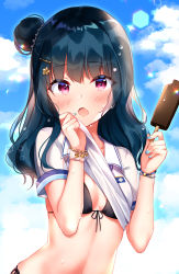Rule 34 | 1girl, :o, absurdres, bikini, black bikini, blue hair, blue nails, bracelet, breasts, clothes lift, cloud, collared shirt, food, front-tie bikini top, front-tie top, hair bun, hands up, highres, holding, holding food, jewelry, long hair, looking at viewer, love live!, love live! sunshine!!, nail polish, navel, open mouth, pink eyes, popsicle, see-through, shirt, shirt lift, short sleeves, shouu-kun, side-tie bikini bottom, side bun, small breasts, solo, stomach, swimsuit, tsushima yoshiko, upper body, wet, white shirt