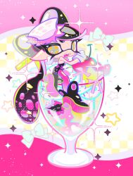 1girl ankle_boots black_footwear black_hair black_jumpsuit boots bow-shaped_hair breasts callie_(splatoon) cherry chinese_commentary commentary_request cross-shaped_pupils earrings food fruit gloves grey_pupils highres hoop_earrings ice_cream in_container inkling jewelry jumpsuit long_hair long_pointy_ears looking_at_viewer mole mole_under_eye multicolored_hair nintendo orange_eyes pantyhose pink_hair pink_pantyhose pointy_ears short_jumpsuit solo splatoon_(series) sundae swept_bangs symbol-shaped_pupils tentacle_hair twintails two-tone_hair white_gloves xiaoyunatie