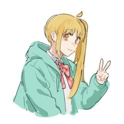 Rule 34 | 1girl, ahoge, blonde hair, bocchi the rock!, bow, bowtie, closed mouth, collared shirt, cropped torso, detached ahoge, green jacket, hood, hooded jacket, ijichi nijika, jacket, long hair, long sleeves, lowres, nininikal, orange eyes, polka dot, polka dot bow, red bow, red bowtie, shirt, side ponytail, simple background, solo, upper body, v, white background, white shirt