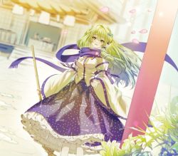 Rule 34 | 1girl, absurdres, blue scarf, blue skirt, broom, collared shirt, commentary, detached sleeves, dutch angle, falling petals, feet out of frame, frog hair ornament, green eyes, green hair, hair ornament, here (hr rz ggg), highres, holding, holding broom, kochiya sanae, long hair, looking at viewer, morning, open mouth, petals, plant, scarf, shirt, shrine, single hair tube, skirt, sleeveless, sleeveless shirt, smile, snake hair ornament, solo, star (symbol), touhou, white shirt, white sleeves, wide sleeves
