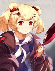 Rule 34 | 1girl, animal ears, arknights, bear ears, blonde hair, breasts, brown jacket, candy hair ornament, commentary request, food-themed hair ornament, frying pan, grey background, gummy (arknights), hair ornament, holding, holding frying pan, jacket, junshi (junbox), long sleeves, looking at viewer, medium breasts, off shoulder, open clothes, open jacket, purple shirt, red eyes, sailor collar, sailor shirt, shirt, short hair, solo, twintails, upper body, white sailor collar