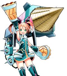 Rule 34 | absurdres, arm up, artist request, cosmic break, detached sleeves, dress, drill, flat chest, gauntlets, green eyes, highres, looking at viewer, mecha musume, medium hair, official art, outstretched arm, pina rueberry, pink hair, sleeveless, sleeveless dress, smile, thighhighs, twintails
