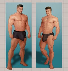 Rule 34 | 2boys, abs, arc (dro arc), arms at sides, bara, bare legs, black hair, black male underwear, brown hair, clenched hand, closed mouth, commission, covered penis, dro (dro arc), earrings, full body, gradient background, grid background, groin, highres, jewelry, large pectorals, male focus, male underwear, mole, mole under eye, multiple boys, muscular, muscular male, navel, nipples, original, pectorals, pendant, saolin (wudangx), shadow, short hair, smile, standing, stud earrings, three quarter view, topless male, undercut, underwear