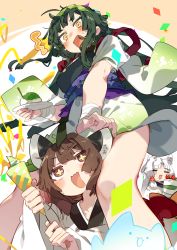 Rule 34 | 3girls, :d, ^^^, animal ears, bandaged wrist, bandages, bare legs, black bow, bob cut, bow, breasts, brown hair, cake, carrying, closed eyes, commentary request, confetti, embarrassed, feet out of frame, food, fox ears, green hair, green hairband, green kimono, hair bow, hairband, holding, holding food, holding party popper, japanese clothes, karei, kimono, long hair, looking down, looking up, medium breasts, multiple girls, obi, open mouth, orange background, parted bangs, party popper, pea pod, red eyes, riding, sash, shaved ice, short hair, shoulder carry, siblings, sidelocks, simple background, sisters, smile, surprised, symbol-shaped pupils, touhoku itako, touhoku kiritan, touhoku zunko, upper body, very long hair, voiceroid, white background, white hair, white kimono, yellow eyes, |d
