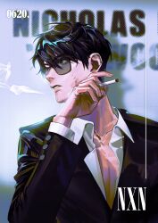 Rule 34 | 1boy, absurdres, black eyes, black hair, black jacket, character name, cigarette, collarbone, collared shirt, dated, facial hair, hand up, highres, holding, holding cigarette, jacket, long sleeves, male focus, n2 nxn, nicholas d. wolfwood, parted lips, partially unbuttoned, pectoral cleavage, pectorals, shirt, short hair, smoke, smoking, solo, sunglasses, trigun, trigun stampede, upper body, white background, white shirt