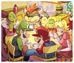 Rule 34 | 2girls, 6+boys, anger vein, blonde hair, bowser, brown hair, cackletta, cafe, coffee cup, counter, crown, cup, disposable cup, dress, earrings, closed eyes, facial hair, fawful, forehead jewel, glasses, hat, horns, jewelry, luigi, mario, mario &amp; luigi rpg, mario &amp; luigi: superstar saga, mario (series), multiple boys, multiple girls, mustache, nintendo, nowitsevenhotter, overalls, prince peasley, princess peach, red hair, smile, starbeans employee, sunglasses, table