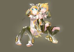 Rule 34 | 1boy, 1girl, aqua eyes, arm warmers, bad id, bad pixiv id, blonde hair, brother and sister, detached sleeves, hair ornament, hair ribbon, hairclip, headphones, highres, kagamine len, kagamine len (append), kagamine rin, kagamine rin (append), ksb, ksb (ugheaven), leg warmers, navel, popped collar, ribbon, short hair, shorts, siblings, sitting, smile, twins, vocaloid, vocaloid append