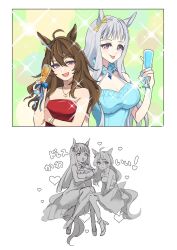 Rule 34 | 2girls, ahoge, animal ears, babie, bare shoulders, blue dress, bracelet, breasts, brown hair, champagne flute, closed mouth, cup, dress, drinking glass, gold ship (umamusume), grey hair, hand up, heart, highres, holding, holding cup, horse ears, jewelry, large breasts, long hair, looking at viewer, multiple girls, multiple views, nakayama festa (umamusume), necklace, open mouth, partially colored, purple eyes, red dress, small breasts, smile, sparkle, strapless, strapless dress, tongue, tongue out, translation request, umamusume