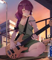 Rule 34 | 1girl, absurdres, artist name, barefoot, bass guitar, black bow, black nails, blunt bangs, blush, bocchi the rock!, bow, braid, busking, closed eyes, dress, feet, foot out of frame, green dress, hair bow, hair over shoulder, highres, hiroi kikuri, holding, instrument, long hair, purple hair, single braid, smile, solo, squeezable (squeezabledraws)