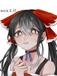 Rule 34 | 1girl, akaakaakaakashio, black choker, bow, breasts, bright pupils, brown eyes, choker, commentary request, cookie (touhou), dated, detached sleeves, dress, frilled bow, frills, gradient background, grey hair, hair between eyes, hair bow, hakurei reimu, long hair, looking at viewer, medium breasts, parted lips, portrait, red bow, red dress, sidelocks, simple background, sleeveless, sleeveless dress, solo, touhou, upper body, white background, white pupils, white sleeves, yuyusu (cookie)