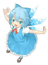 Rule 34 | 1girl, blue eyes, blue hair, cirno, dress, embodiment of scarlet devil, fang, female focus, full body, hair ribbon, happy, matching hair/eyes, outstretched arms, ribbon, sajipen, short hair, simple background, solo, spread arms, touhou, white background, wings