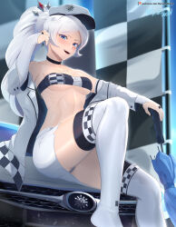 Rule 34 | 1girl, alternate costume, bandeau, black choker, blue eyes, braid, braided ponytail, breasts, bridal gauntlets, car, checkered clothes, checkered flag, choker, flag, hair ornament, hat, high ponytail, highres, holding, holding umbrella, jacket, long hair, looking at viewer, midriff, miniskirt, motor vehicle, off shoulder, on vehicle, open mouth, panties, panty peek, peaked cap, race queen, rwby, scar, scar across eye, scar on face, short shorts, shorts, sitting, skirt, small breasts, smile, snowflake print, solo, thighhighs, thighs, tiara, umbrella, underwear, v-shaped eyebrows, very long hair, vilde loh hocen, weiss schnee, white hair, white jacket, white skirt, white thighhighs