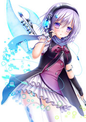 Rule 34 | 1girl, asymmetrical gloves, axe, blue scarf, blush, bow, cable, cowboy shot, elbow gloves, female focus, fingerless gloves, gloves, hair between eyes, hair ornament, hairclip, headphones, highres, looking at viewer, mismatched gloves, original, purple eyes, purple hair, ribbon, scarf, shitou, short hair, simple background, single elbow glove, solo, thighhighs, weapon, white background, white thighhighs, wings, wire, wrist cuffs, zettai ryouiki