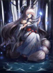 Rule 34 | 1girl, animal ears, bare shoulders, blue eyes, bug, butterfly, crimson k night, forest, helic (7317helic), bug, japanese clothes, long hair, nature, original, silver hair, solo, traditional clothes, very long hair