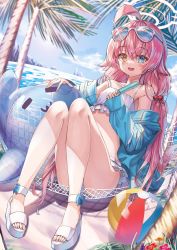 Rule 34 | 1girl, absurdres, ahoge, aluta7357, beach, bikini, blue archive, blue eyes, blue necktie, blush, breasts, cleavage, eyewear on head, food, frilled bikini, frills, hair ornament, halo, heterochromia, high heel sandals, high heels, highres, hoshino (blue archive), hoshino (swimsuit) (blue archive), ice cream, inflatable toy, jacket, knees together feet apart, long hair, looking at viewer, necktie, open clothes, open jacket, sandals, smile, solo, swimsuit, twintails, very long hair, white-framed eyewear, white bikini, yellow eyes