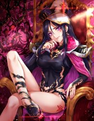Rule 34 | 1girl, armor, black hair, breasts, cape, character request, closed mouth, dominatrix, earrings, facial mark, hat, highres, jewelry, large breasts, crossed legs, leotard, long hair, looking at viewer, nail polish, official art, pauldrons, peaked cap, purple eyes, queen&#039;s blade, queen&#039;s blade white triangle, sakiyamama, shoulder armor, sidelocks, sitting, solo, tattoo, taut leotard