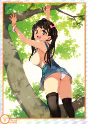 Rule 34 | 1girl, :d, ahoge, artist name, ass, bare arms, bare shoulders, black hair, black thighhighs, blunt bangs, blush, border, bow, bracelet, breasts, cowboy shot, day, fingernails, from behind, from below, hair bow, highres, jewelry, large breasts, leaf, long hair, looking at viewer, looking back, no bra, non-web source, open mouth, oppai loli, original, otona no moeoh, outdoors, overall skirt, page number, panties, pantyshot, pink bow, purple eyes, ryoji (nomura ryouji), sideboob, skirt, smile, solo, standing, suspender skirt, suspenders, sweat, teeth, thighhighs, thighs, tree, underwear, upper teeth only, upskirt, white panties