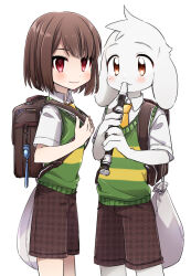 Rule 34 | 1boy, 1other, adapted costume, asriel dreemurr, backpack, bag, blush, bob cut, brown bag, brown eyes, brown hair, brown shorts, chara (undertale), child, closed mouth, collared shirt, fangs, fingernails, flute, furry, furry male, goat boy, green sweater vest, highres, holding, holding bag, holding flute, holding instrument, instrument, leftporygon, looking at viewer, necktie, patterned clothing, playing flute, red eyes, shirt, short hair, short sleeves, shorts, shoulder bag, skin fangs, smile, striped sweater vest, sweater vest, two-tone sweater vest, undertale, white background, white bag, white fur, white shirt, yellow necktie, yellow sweater vest