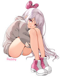 Rule 34 | 1girl, absurdres, bow, breasts, breasts on lap, commentary, dopamine70, full body, grey hair, grey hoodie, hair bow, highres, hood, hood down, hoodie, hugging own legs, long hair, long sleeves, looking at viewer, original, panties, parted lips, pink bow, pink footwear, puffy long sleeves, puffy sleeves, red eyes, shoes, signature, simple background, sitting, sleeves past wrists, solo, swept bangs, symbol-only commentary, underwear, very long hair, white background, white panties