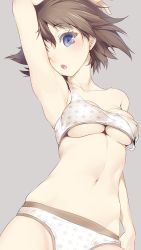 Rule 34 | 10s, 1girl, ;o, arm up, armpits, blue eyes, blush, breasts, brown hair, cleavage, collarbone, cowboy shot, grey background, hair between eyes, head tilt, hiei (kancolle), highres, kantai collection, looking at viewer, navel, nilitsu, one eye closed, panties, resized, short hair, simple background, solo, sports bra, star (symbol), star print, stomach, strap slip, underboob, underwear, underwear only, upscaled