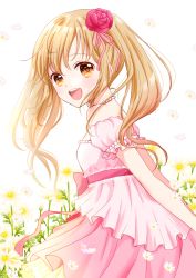 Rule 34 | 1girl, :d, blonde hair, blush, bow, commentary request, detached sleeves, dress, flower, hair flower, hair ornament, highres, jewelry, looking at viewer, necklace, open mouth, original, pink dress, sidelocks, smile, solo, tiramisu651, waist bow, white background, yellow eyes