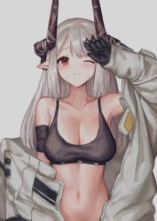 Rule 34 | 1girl, arknights, arm up, armband, bad id, bad pixiv id, bare shoulders, black gloves, blush, breasts, cleavage, commentary, crop top, gloves, grey background, highres, horns, long hair, looking at viewer, medium breasts, midriff, mudrock (arknights), mudrock (elite ii) (arknights), nashidrop, navel, off shoulder, one eye closed, red eyes, silver hair, simple background, solo, sports bra, stomach, upper body