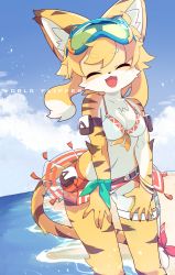Rule 34 | 1girl, :3, animal ears, armlet, bangle, bare shoulders, beach, belt, bikini, bikini skirt, blonde hair, blue-framed eyewear, blue sky, blush, bracelet, breasts, cat ears, cat tail, claws, closed eyes, cloud, collarbone, copyright name, dagger, day, dutch angle, english text, eyewear on head, facial mark, fang, female focus, furry, furry female, goggles, green-tinted eyewear, green ribbon, happy, highres, horizon, jewelry, knife, medium breasts, mia (world flipper), multicolored hair, navel, ocean, open mouth, outdoors, pouch, red ribbon, ribbon, sand, see-through, sheath, sheathed, short hair, sky, smile, solo, standing, stomach, swimsuit, syuya, tail, tail ornament, tail ribbon, thigh strap, tinted eyewear, two-tone hair, water, weapon, whisker markings, white bikini, white hair, world flipper