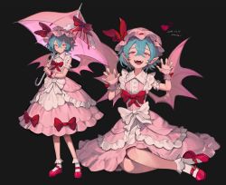 Rule 34 | 1girl, absurdres, artist name, bat wings, black background, blue hair, blush, bow, dated, dress, fangs, fingernails, freng, frilled legwear, frills, full body, hands up, hat, hat ribbon, heart, highres, looking at viewer, mary janes, mob cap, multiple views, open mouth, parasol, pink dress, pink footwear, pointy ears, red bow, red eyes, red footwear, red ribbon, remilia scarlet, ribbon, sharp fingernails, shoes, short hair, signature, simple background, sitting, sleeveless, smile, touhou, umbrella, wings, wrist cuffs