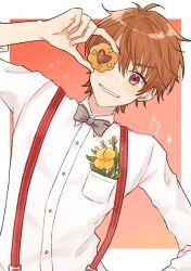 Rule 34 | 1boy, arm up, bow, bowtie, brown background, brown hair, collared shirt, commentary request, dress shirt, flower, food, grey bow, grey bowtie, hair between eyes, heart, highres, holding, holding food, leaning to the side, long sleeves, luke pearce (tears of themis), male focus, mtkignsn, red eyes, shirt, smile, solo, sparkle, suspenders, tears of themis, thick eyebrows, two-tone background, upper body, v-shaped eyebrows, white background, white shirt, yellow flower