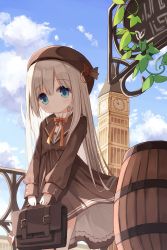 Rule 34 | 1girl, barrel, beret, blue eyes, blue sky, bow, briefcase, brown bow, brown dress, brown hat, clock, clock tower, cloud, cloudy sky, commentary, day, dress, grey hair, hair between eyes, hat, healer girl (yuuhagi (amaretto-no-natsu)), holding, long hair, long sleeves, looking at viewer, original, outdoors, pleated dress, school briefcase, school uniform, shirt, sign, sky, sleeves past wrists, solo, tower, very long hair, white shirt, yuuhagi (amaretto-no-natsu)