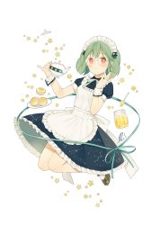 Rule 34 | 1girl, alternate costume, apron, bespectacled, bow, dress, floating, food, frills, glasses, green hair, highres, looking at viewer, lrul, macross, macross frontier, maid, maid headdress, pinky out, ranka lee, red eyes, ribbon, short hair, solo, star (symbol), wrist cuffs