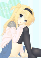 Rule 34 | 1girl, :d, black hairband, black thighhighs, blonde hair, blue background, blue eyes, blue skirt, blush, casual, chitose sana, covering privates, covering crotch, eyelashes, eyes visible through hair, hair between eyes, hair bun, hair intakes, hairband, hand on own knee, happy birthday, heart, highres, hirocchi, knee up, leaning forward, legs, long hair, long sleeves, looking at viewer, miniskirt, no shoes, open mouth, panties, panty peek, sidelocks, simple background, sitting, skirt, smile, solo, sweater, tenshinranman, thighhighs, thighs, two side up, underwear, white panties, white sweater, zettai ryouiki