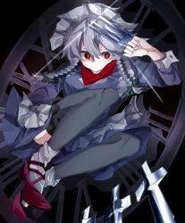 Rule 34 | 1girl, apron, black thighhighs, blue dress, bow, braid, breasts, bright pupils, clock, closed mouth, commentary request, dress, expressionless, full body, green bow, grey hair, hair between eyes, hair bow, high heels, highres, izayoi sakuya, knife, long hair, long sleeves, looking at viewer, maid, maid headdress, medium breasts, red eyes, red footwear, red scarf, roman numeral, scarf, socks, solo, thighhighs, throwing knife, touhou, twin braids, vivo (vivo sun 0222), waist apron, weapon, white apron, white pupils, white socks