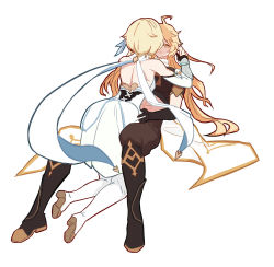 Rule 34 | 1boy, 1girl, aether (genshin impact), bare back, blonde hair, brother and sister, dress, eriikou, genshin impact, hand on own hip, highres, incest, kneeling, lumine (genshin impact), scarf, siblings, twins, white dress, white footwear, yellow eyes