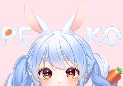 Rule 34 | 1girl, absurdres, animal ears, blue hair, blush, braid, carrot, commentary, english commentary, english text, face, highres, hololive, light blue hair, long hair, looking at viewer, mixed-language commentary, multicolored hair, pink background, rabbit ears, rabbit girl, red eyes, simple background, solo, symbol-shaped pupils, thick eyebrows, twin braids, twintails, two-tone hair, usada pekora, uu3cm, virtual youtuber, white hair