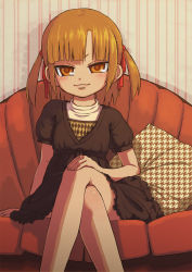 Rule 34 | 1girl, :3, blush, brown dress, brown eyes, brown hair, child, closed mouth, couch, dress, female focus, hair ribbon, hand on lap, crossed legs, looking at viewer, marui mitsuba, mitsudomoe, pillow, puffy short sleeves, puffy sleeves, red ribbon, ribbon, sabaku chitai, short sleeves, smile, smug, solo, twintails