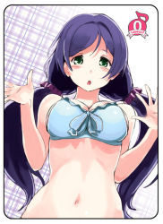 Rule 34 | 10s, 1girl, blush, breasts, green eyes, large breasts, long hair, looking at viewer, love live!, love live! school idol festival, love live! school idol project, navel, open mouth, purple hair, solo, swimsuit, tagme, tojo nozomi, twintails